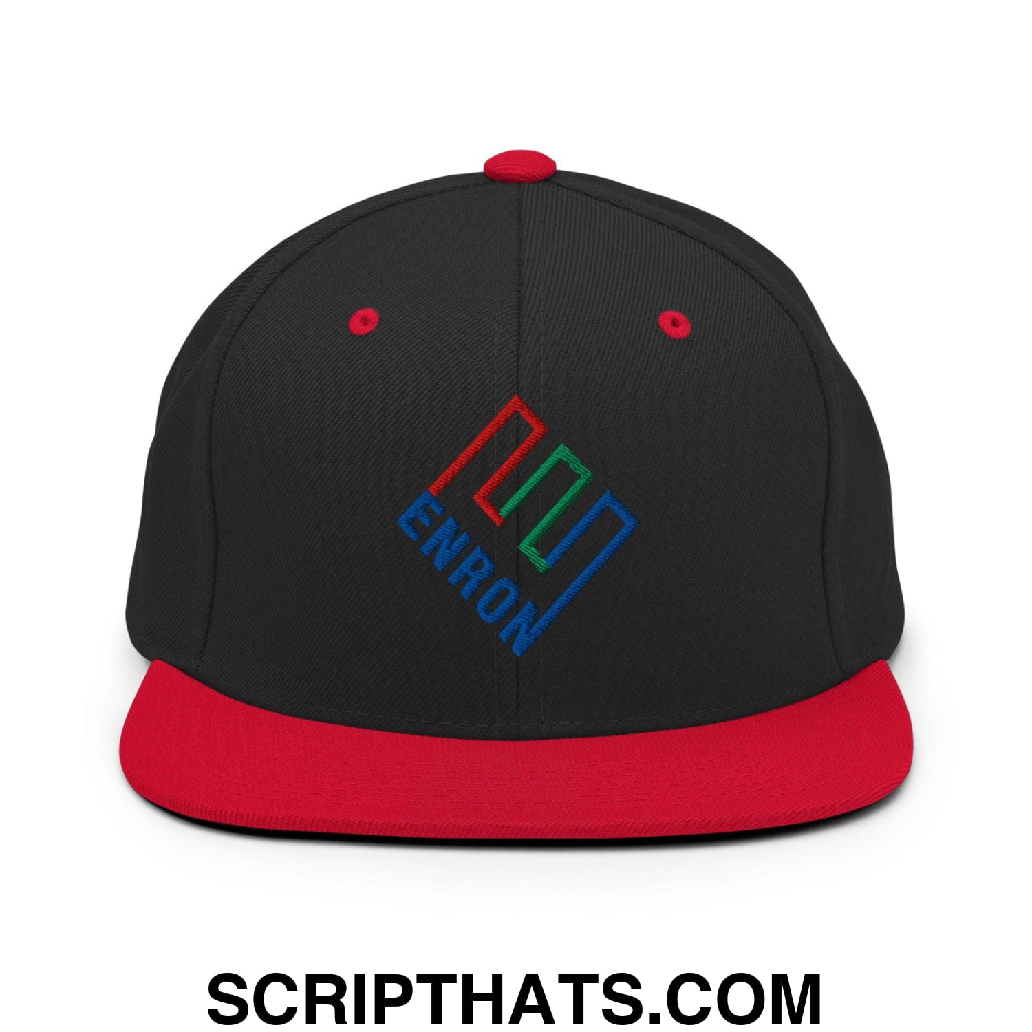 Enron Embroidered Flat Bill Brim Snapback Hat Black Red