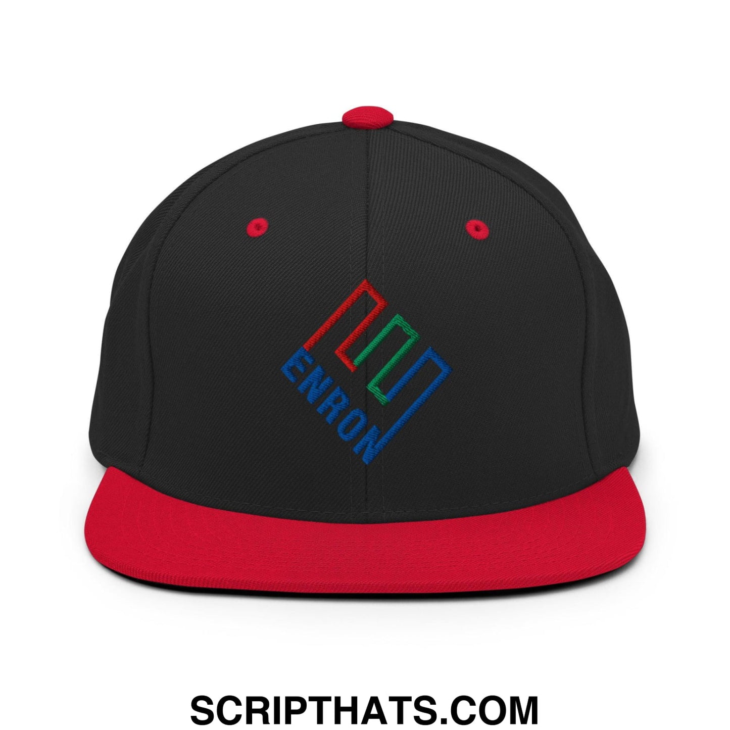 Enron Embroidered Flat Bill Brim Snapback Hat Black Red