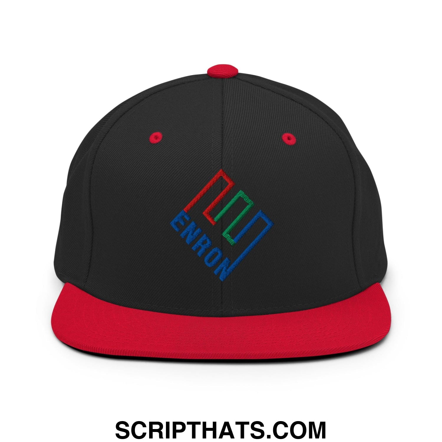 Enron Embroidered Flat Bill Brim Snapback Hat Black Red
