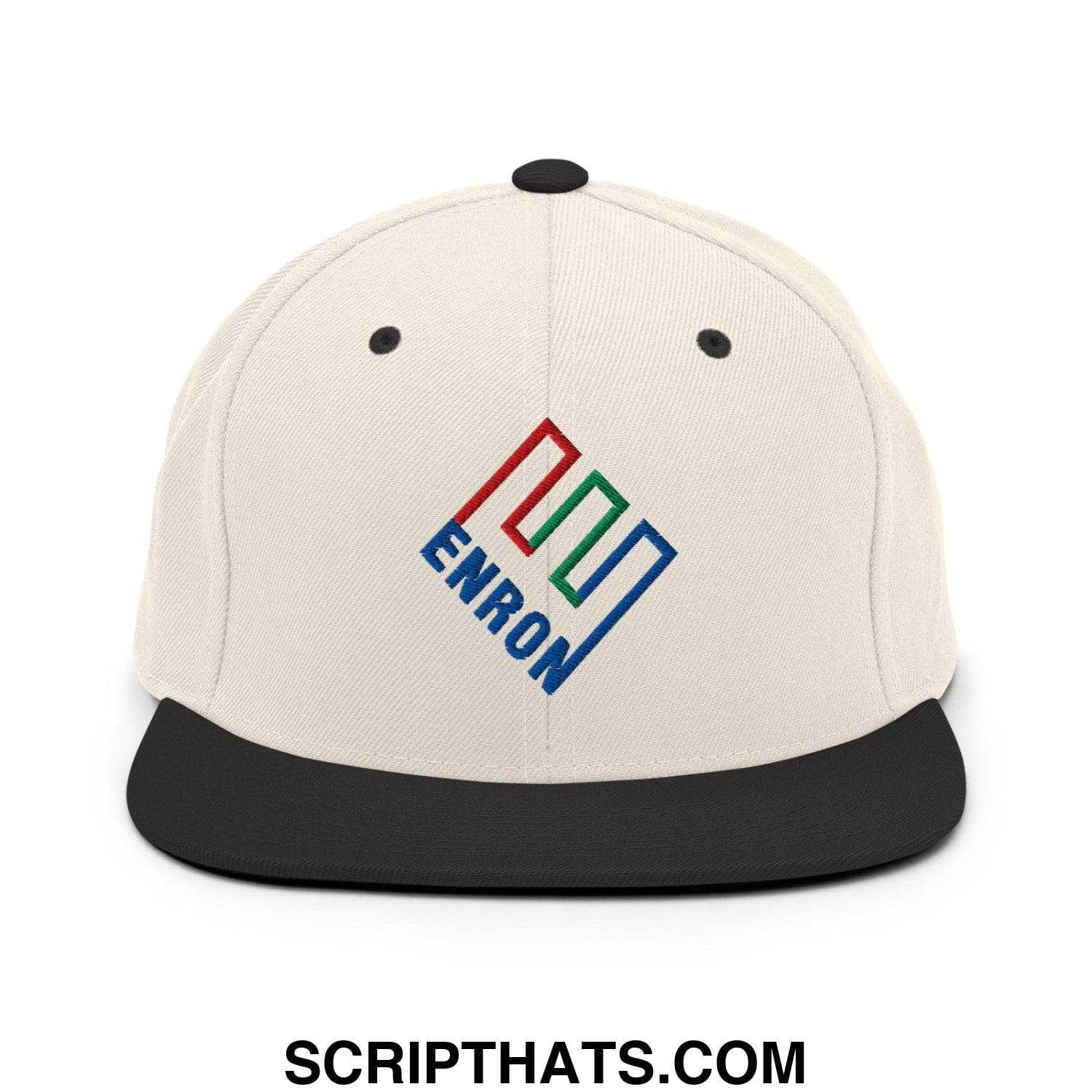Enron Embroidered Flat Bill Brim Snapback Hat Natural Black