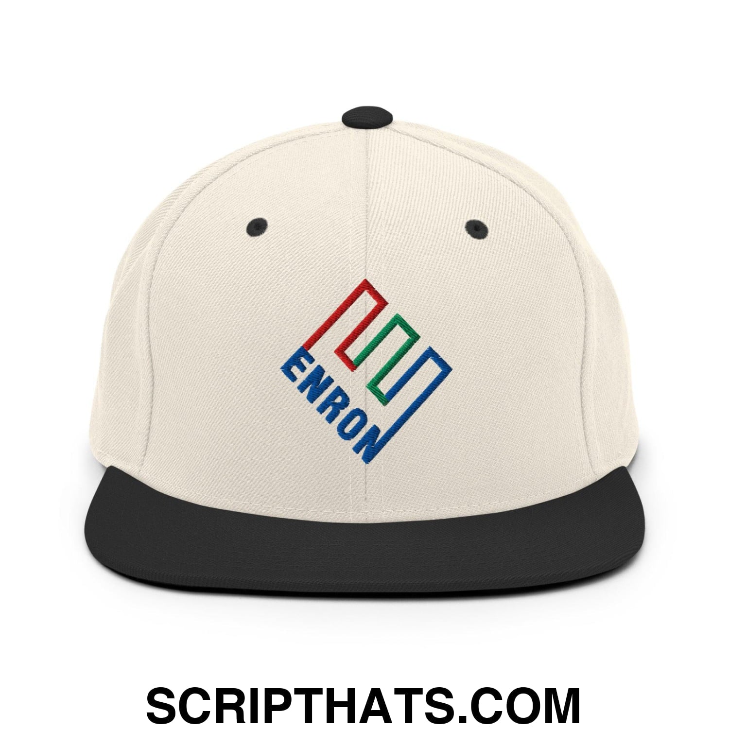 Enron Embroidered Flat Bill Brim Snapback Hat Natural Black