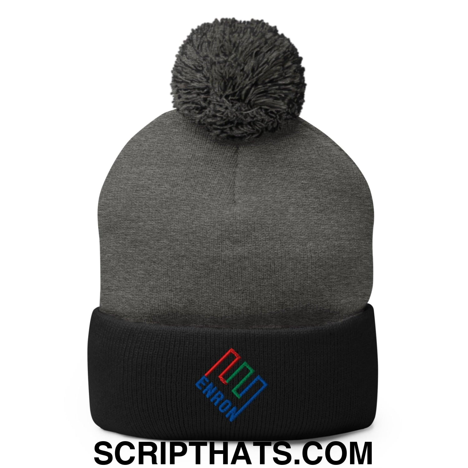 Enron Embroidered Knit Pom Pom Beanie Dark Heather Grey Black