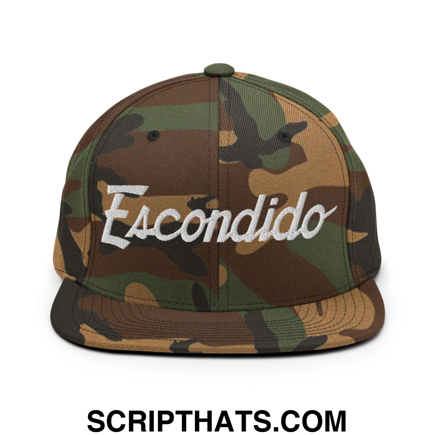 Escondido Script Snapback Hat Green Camo