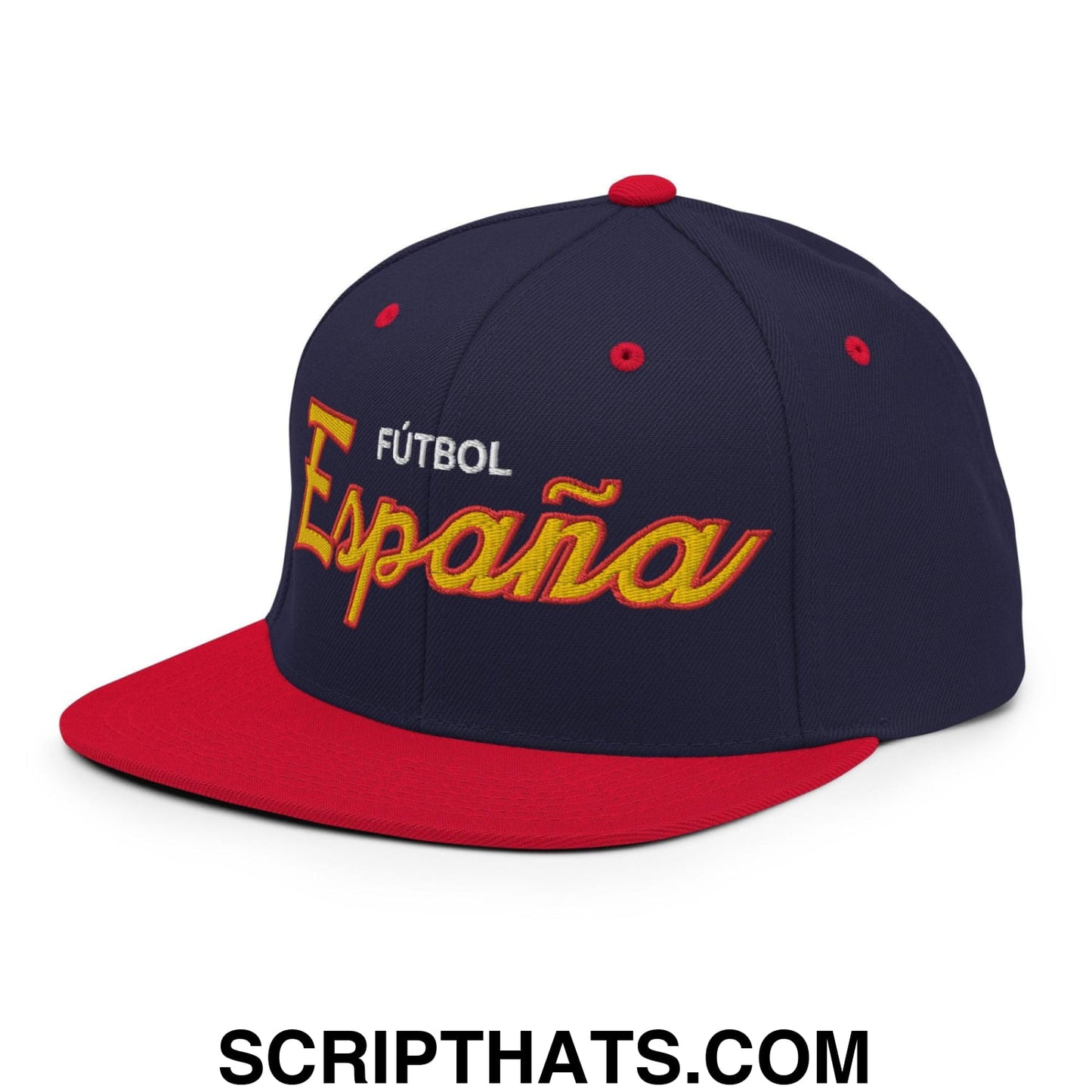 Espana Soccer Futbol Vintage Sports Script Snapback Hat Navy Red