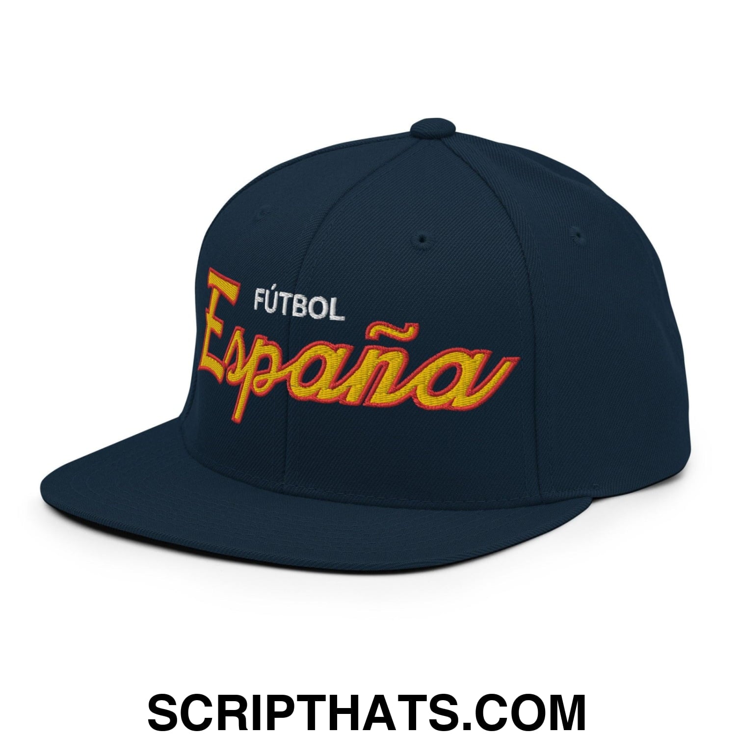 Espana Soccer Futbol Vintage Sports Script Snapback Hat Dark Navy