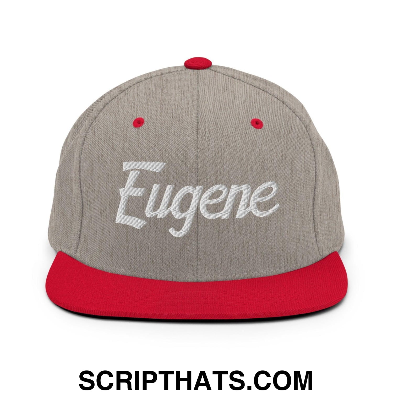 Eugene Script Snapback Hat Heather Grey Red