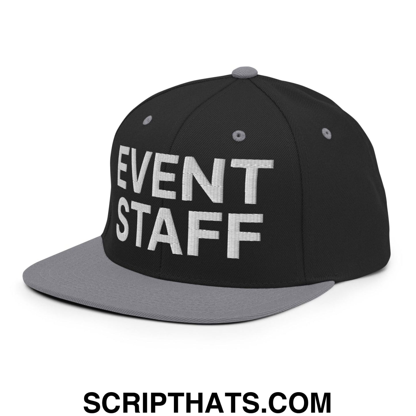 Event Staff Uniform Work Embroidered Flat Bill Brim Snapback Hat Black Silver