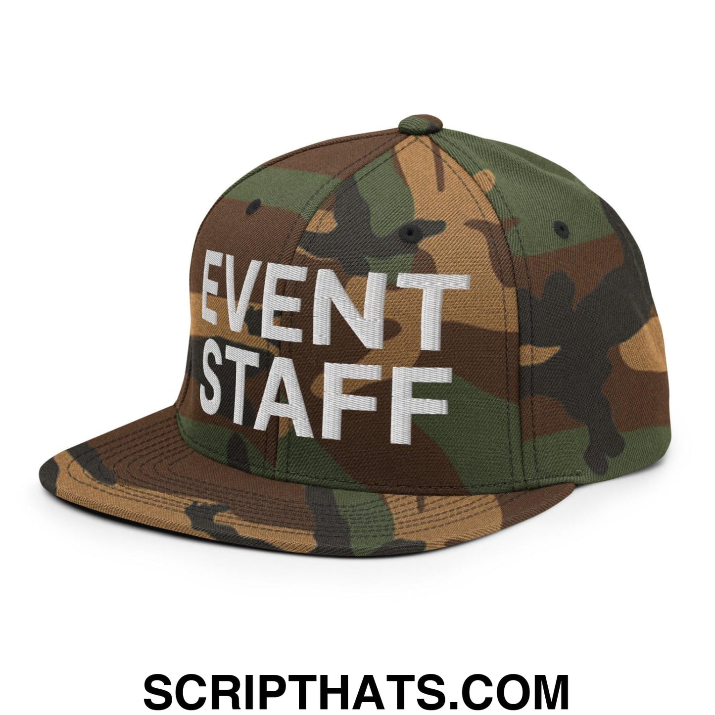 Event Staff Uniform Work Embroidered Flat Bill Brim Snapback Hat Green Camo