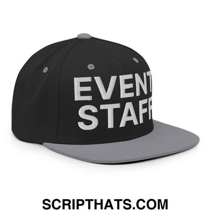 Event Staff Uniform Work Embroidered Flat Bill Brim Snapback Hat Black Silver