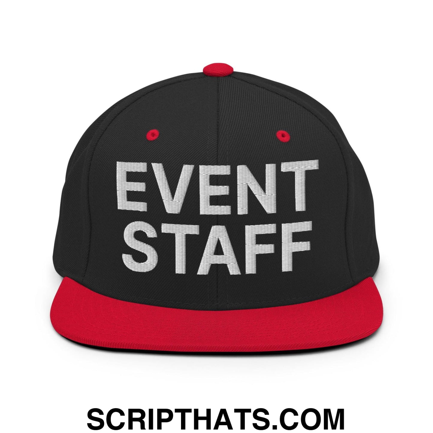 Event Staff Uniform Work Embroidered Flat Bill Brim Snapback Hat Black Red