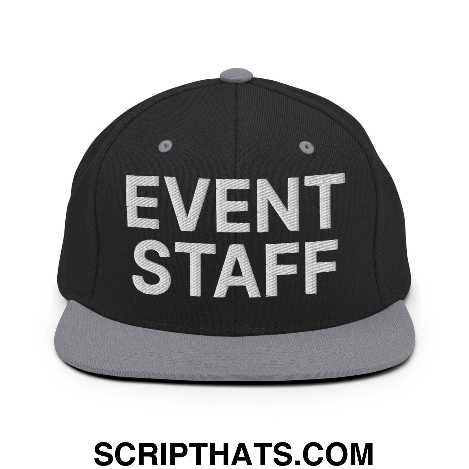 Event Staff Uniform Work Embroidered Flat Bill Brim Snapback Hat Black Silver