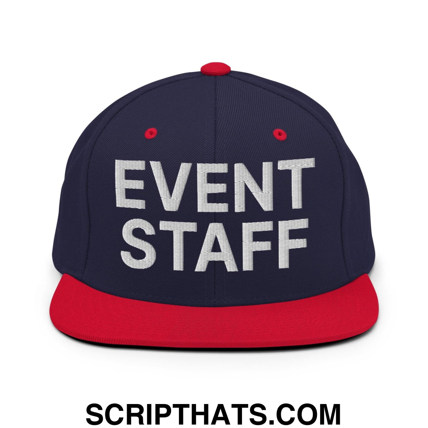 Event Staff Uniform Work Embroidered Flat Bill Brim Snapback Hat Navy Red
