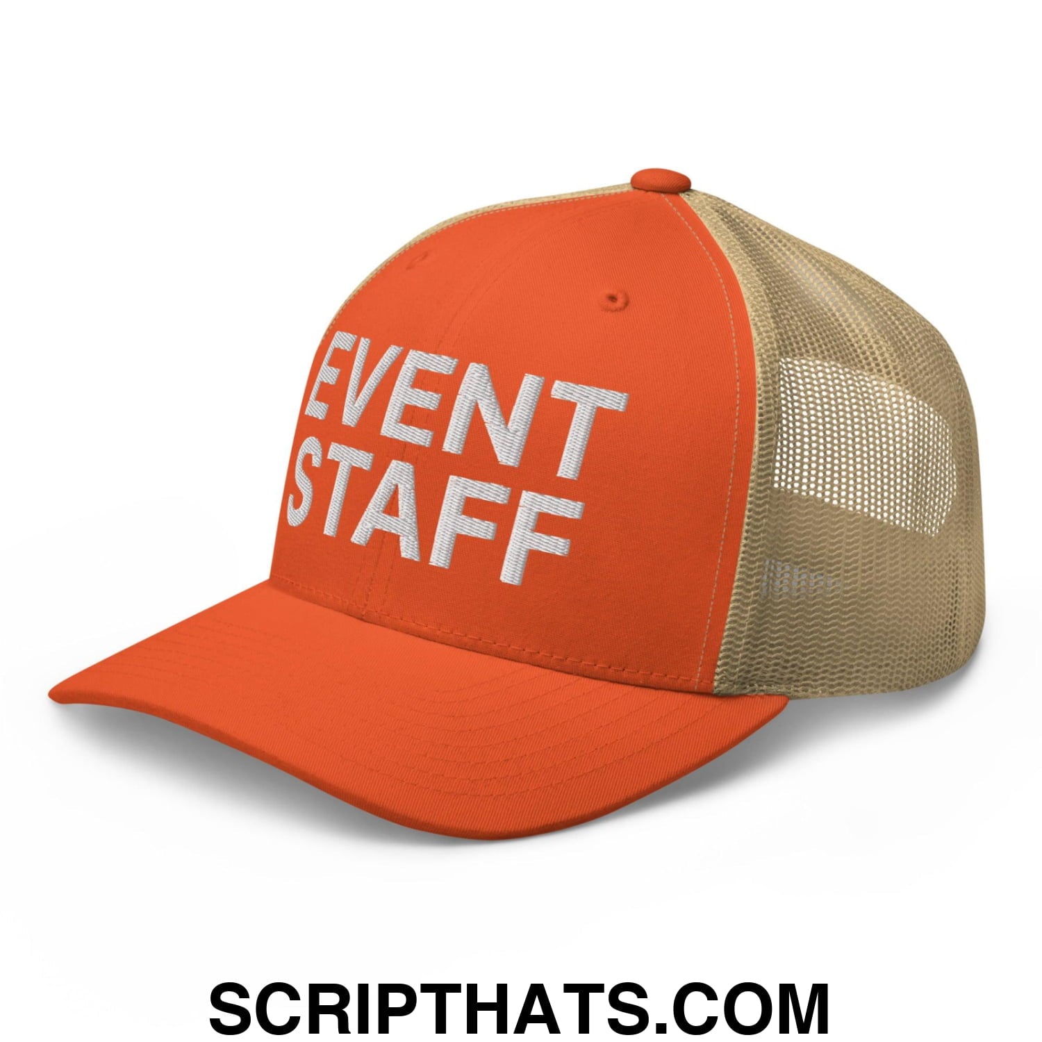 Event Staff Work Block Embroidered Mesh Trucker Hat Rustic Orange Khaki