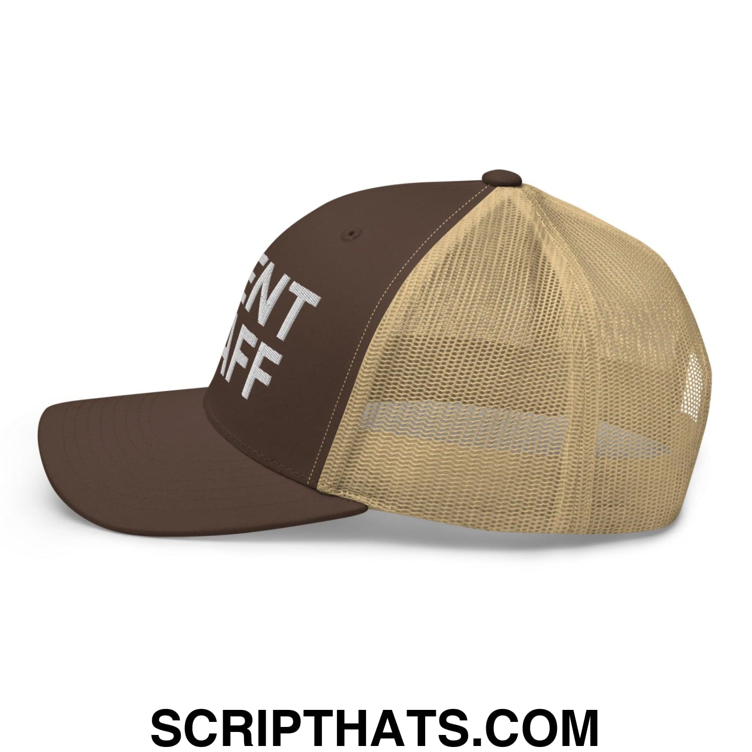 Event Staff Work Block Embroidered Mesh Trucker Hat Brown Khaki