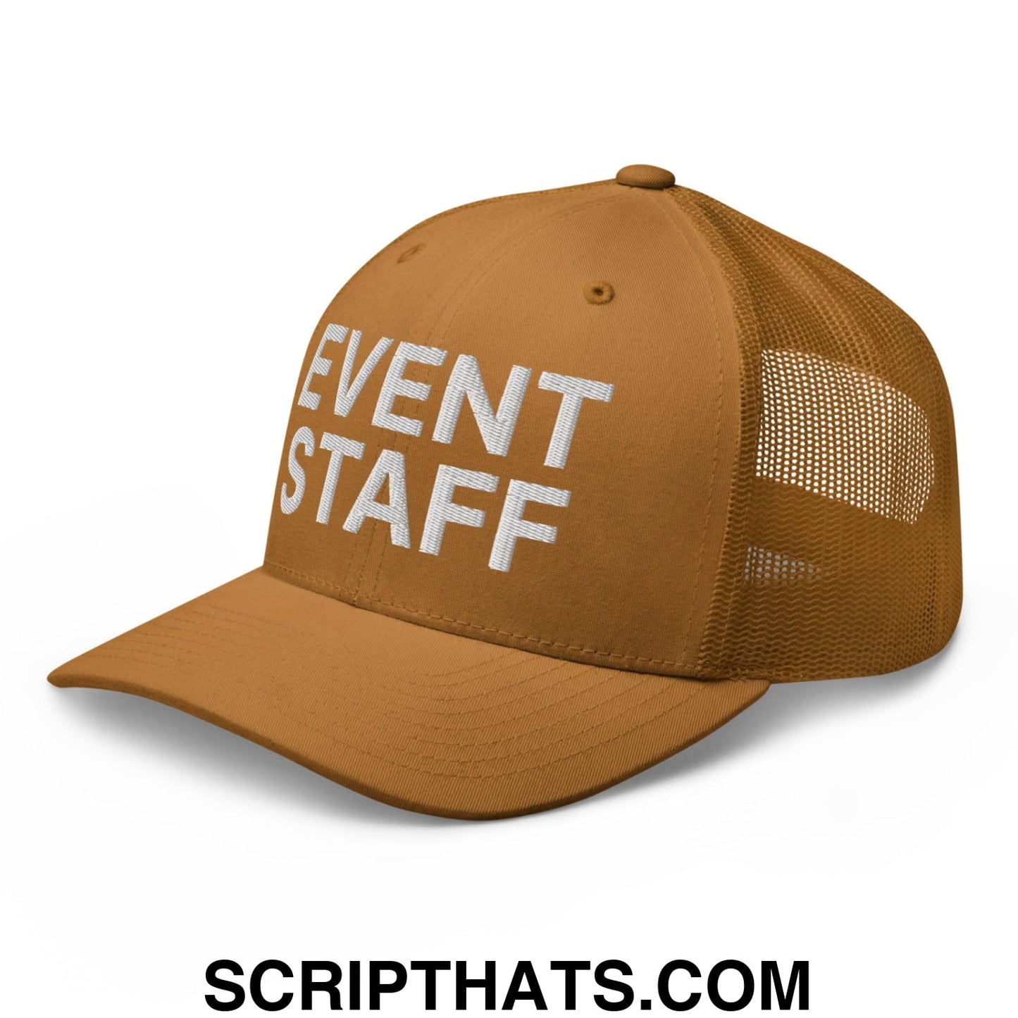 Event Staff Work Block Embroidered Mesh Trucker Hat Caramel