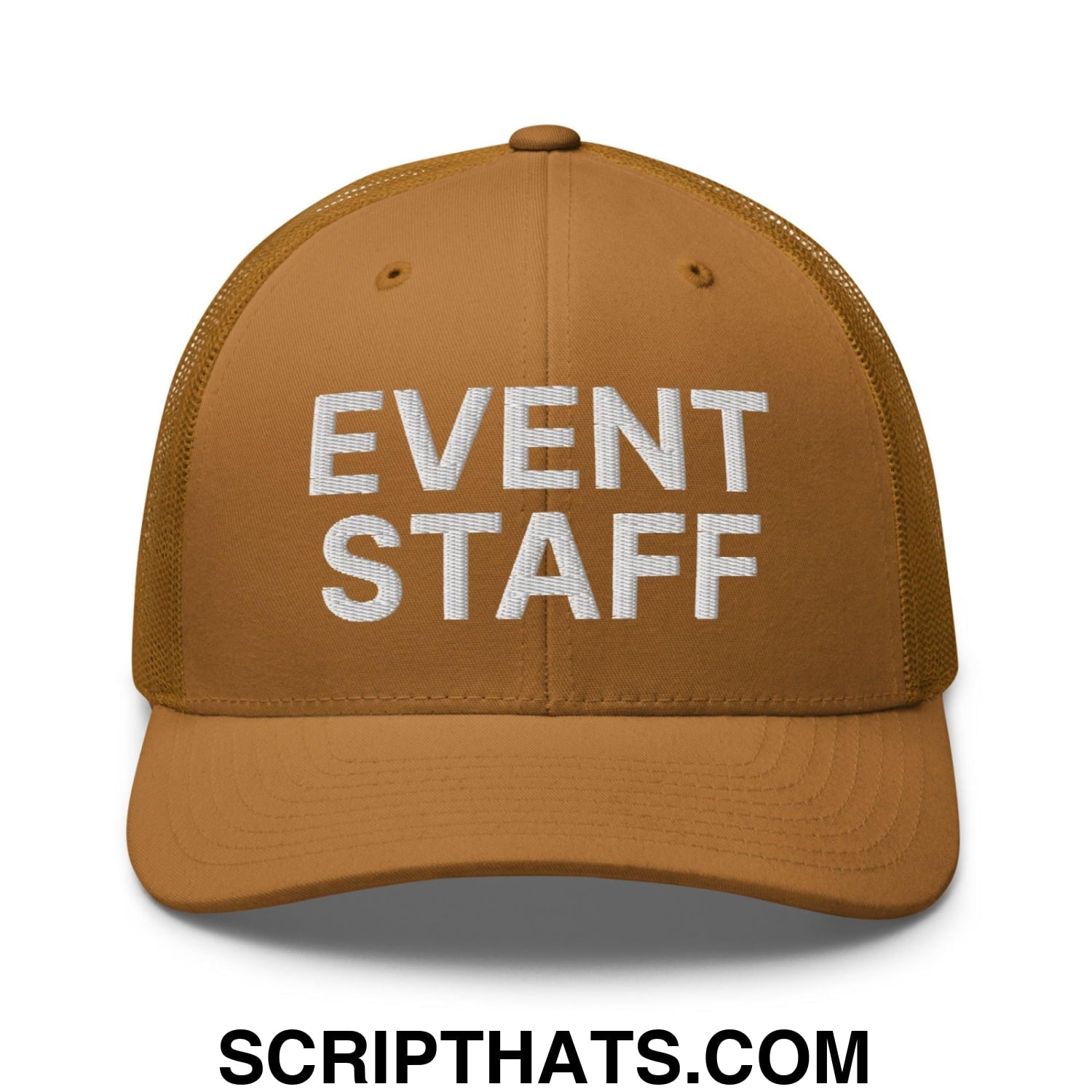 Event Staff Work Block Embroidered Mesh Trucker Hat Caramel