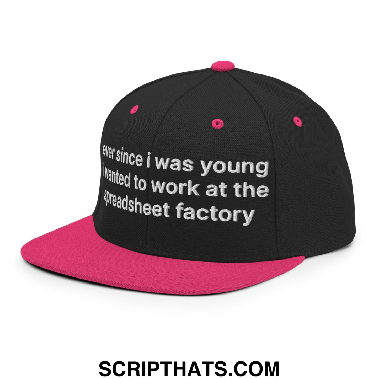 Ever Since I was Young I Wanted to Work at The Spreadsheet Factory Embroidered Flat Bill Brim Snapback Hat Black Neon Pink