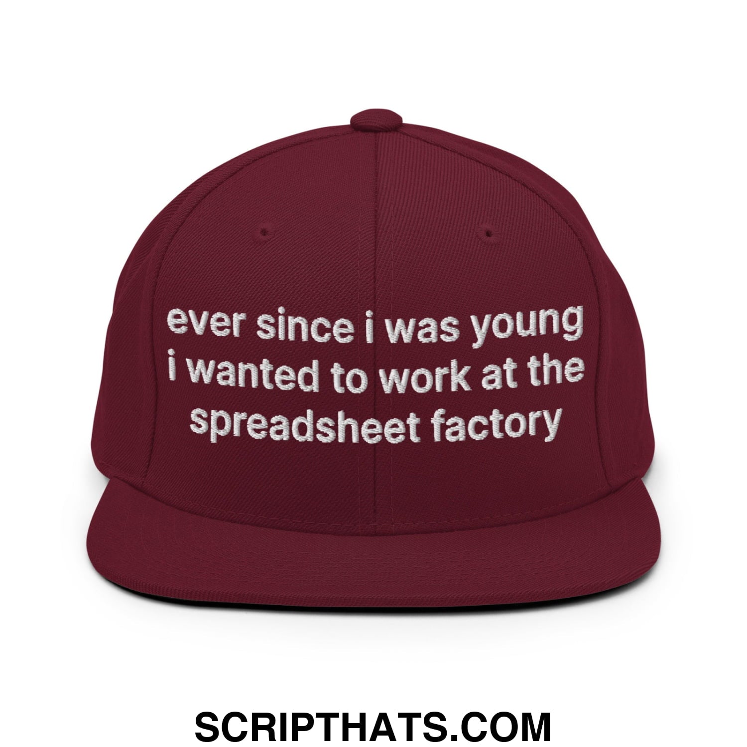 Ever Since I was Young I Wanted to Work at The Spreadsheet Factory Embroidered Flat Bill Brim Snapback Hat Maroon