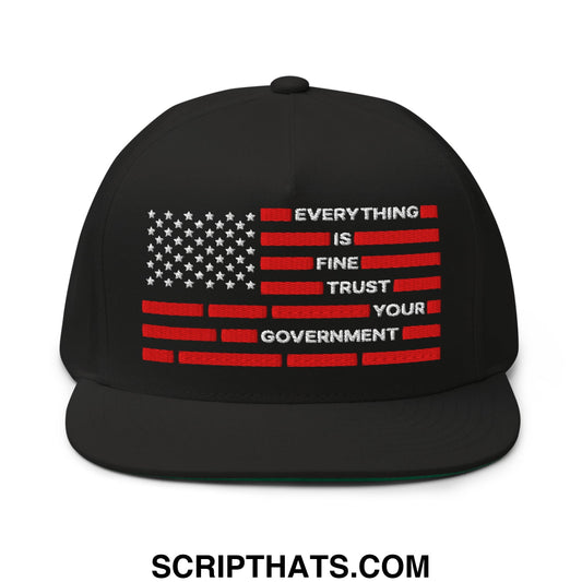 Everything Is Fine Trust Your Government Embroidered Flat Bill Brim 5 Panel Snapback Hat Black