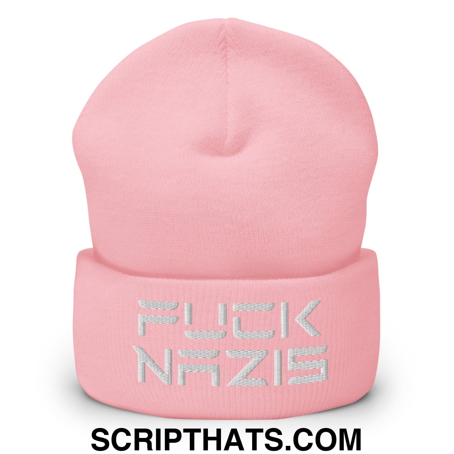 F*ck Nazis Elon Musk Embroidered Cuffed Knit Beanie Baby Pink