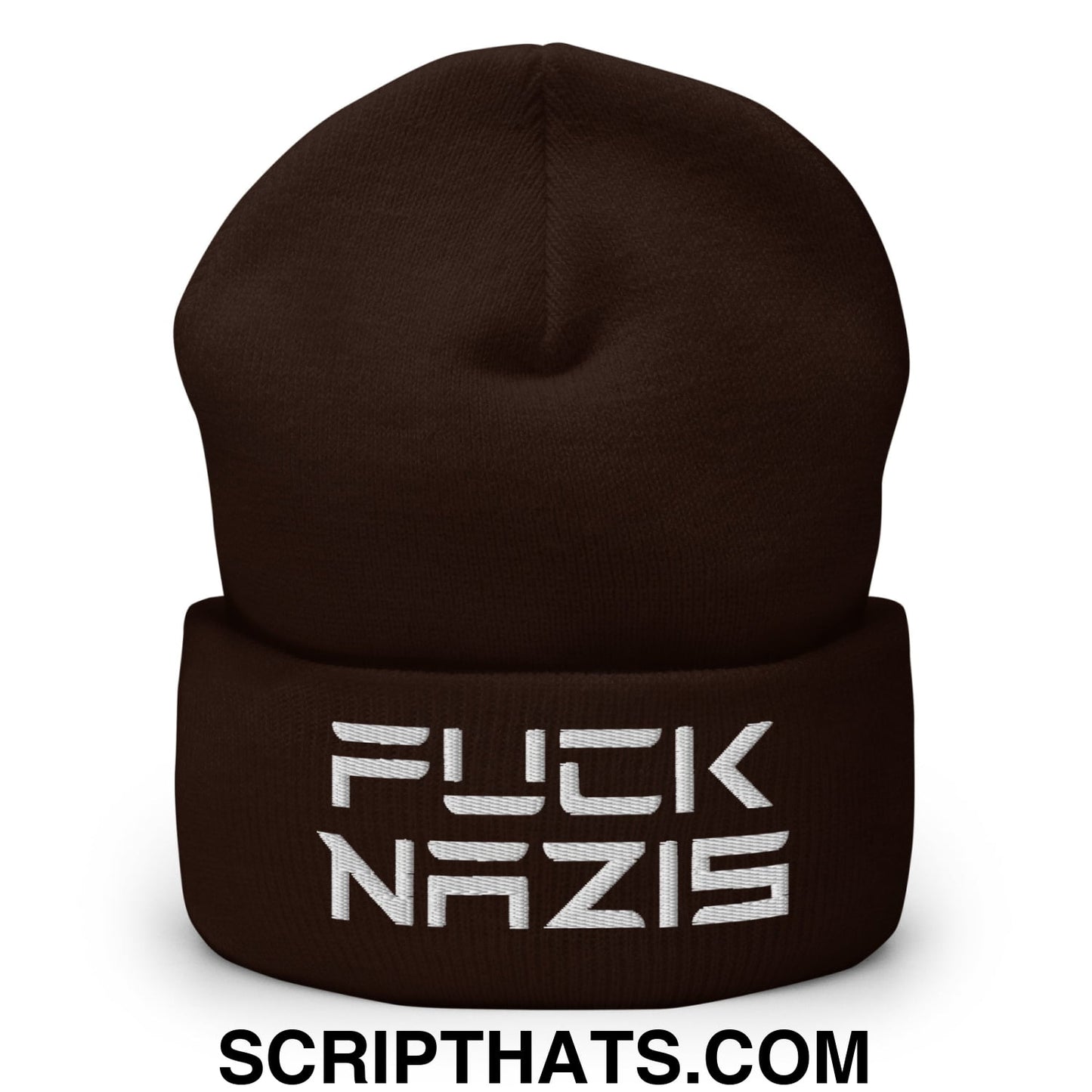 F*ck Nazis Elon Musk Embroidered Cuffed Knit Beanie Brown