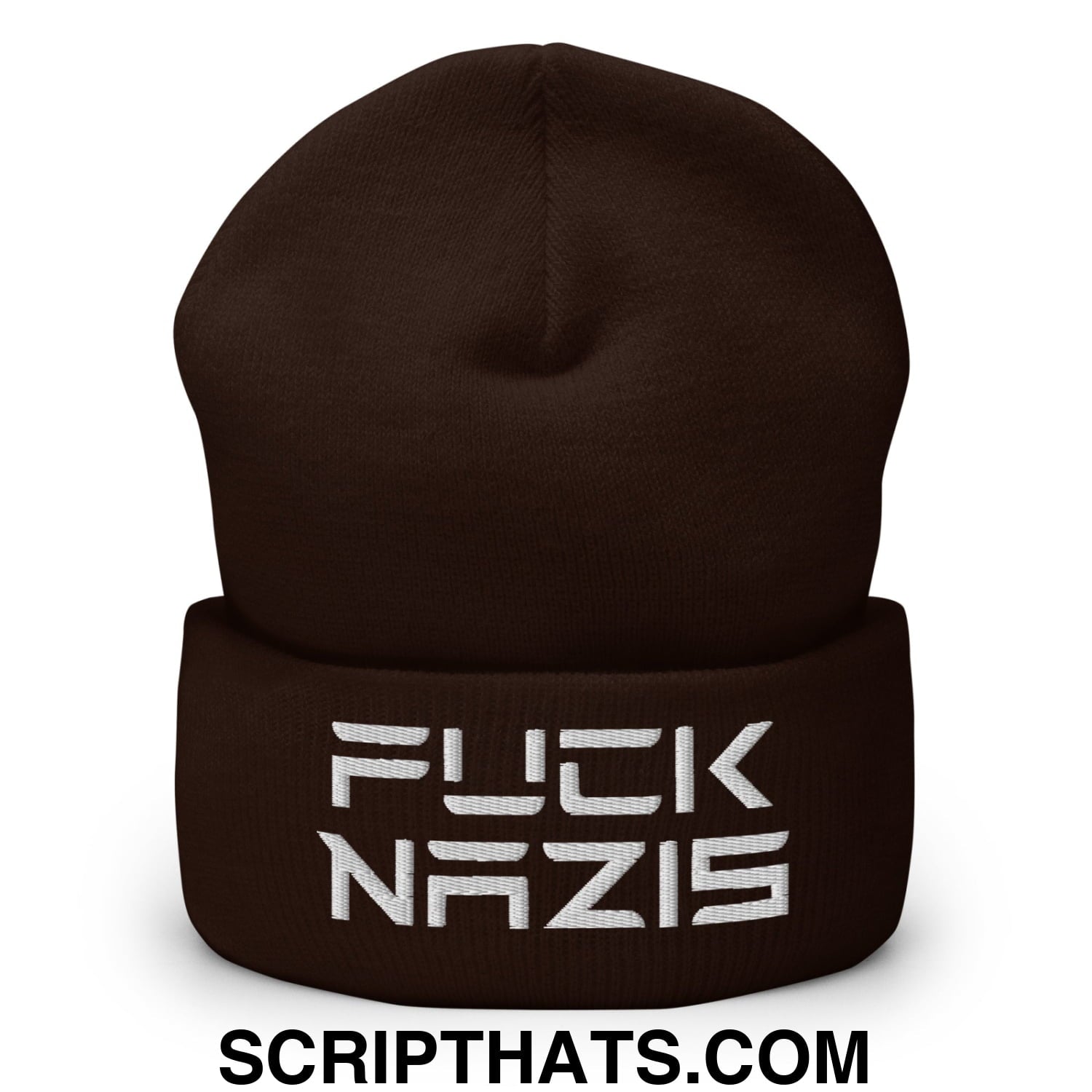 F*ck Nazis Elon Musk Embroidered Cuffed Knit Beanie Brown