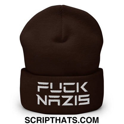 F*ck Nazis Elon Musk Embroidered Cuffed Knit Beanie Brown