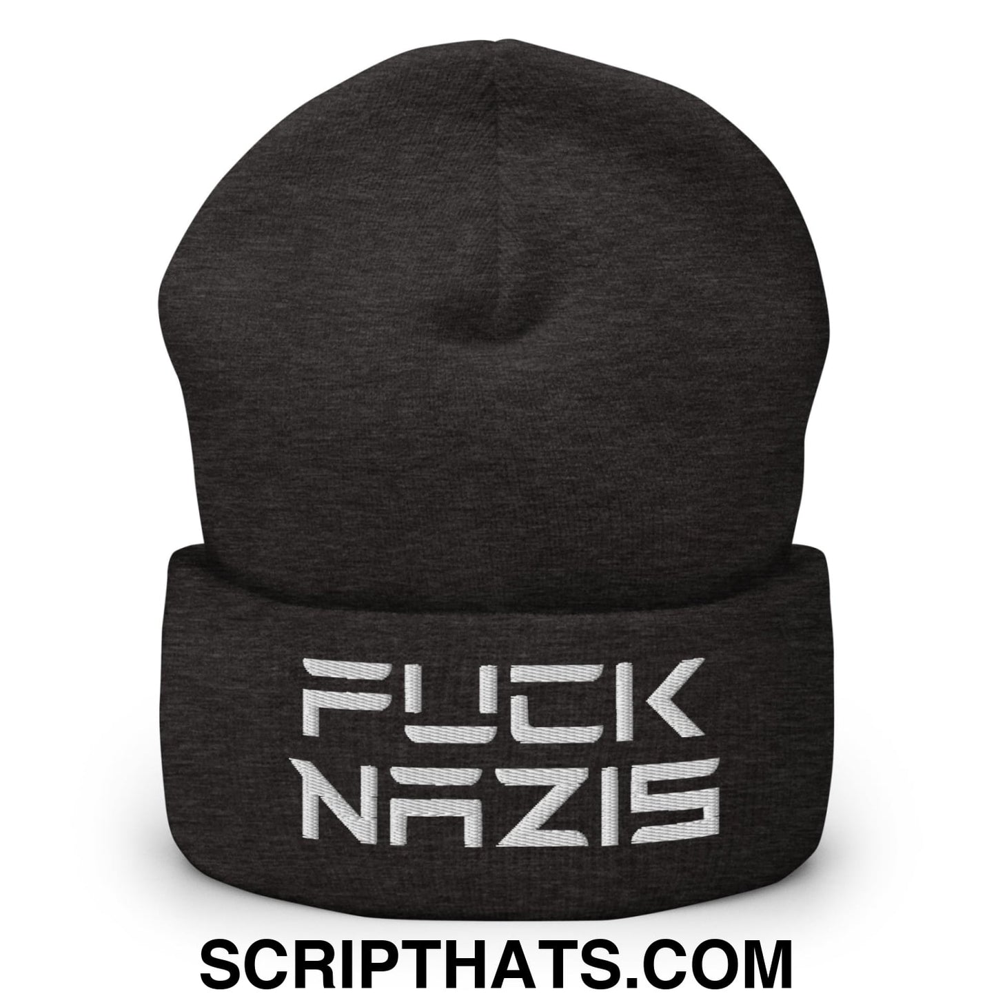 F*ck Nazis Elon Musk Embroidered Cuffed Knit Beanie Dark Grey