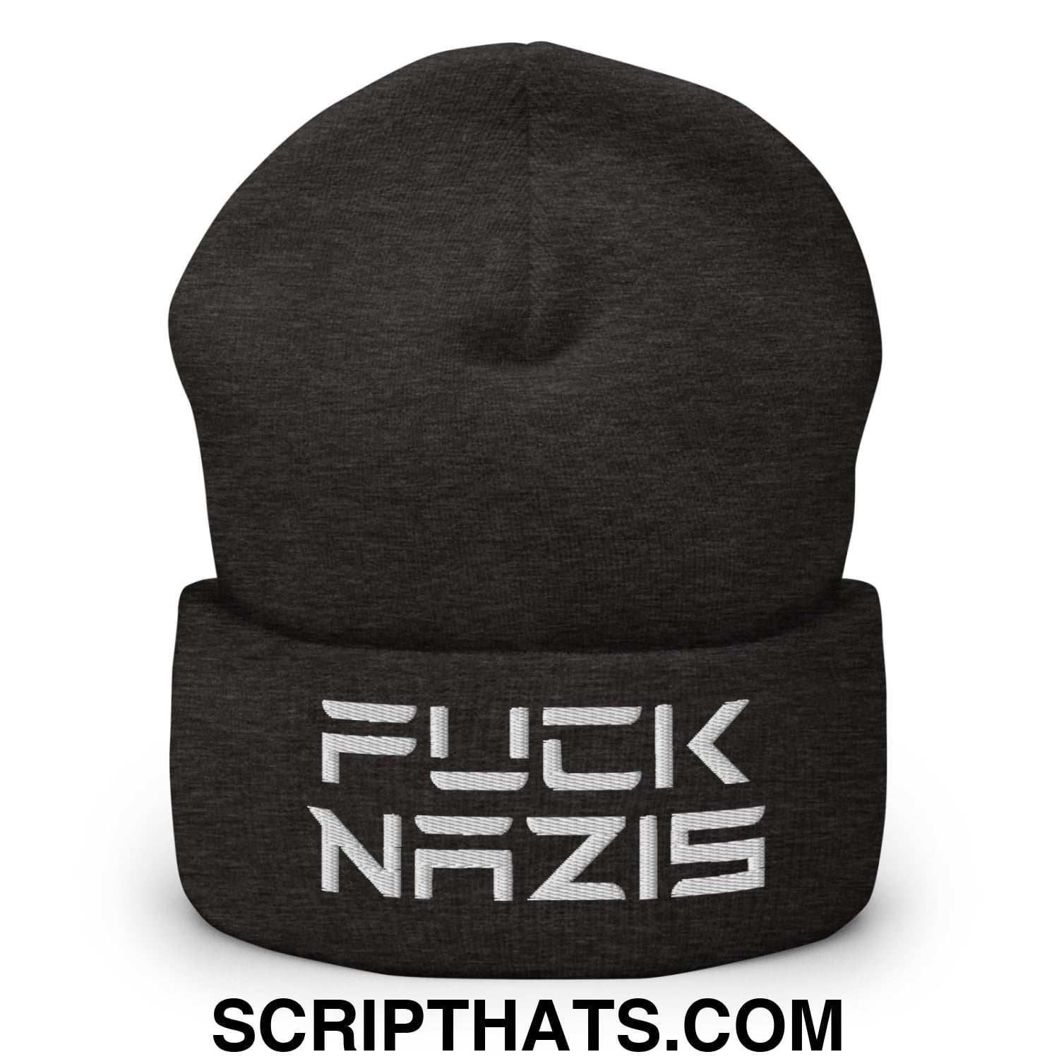 F*ck Nazis Elon Musk Embroidered Cuffed Knit Beanie Dark Grey