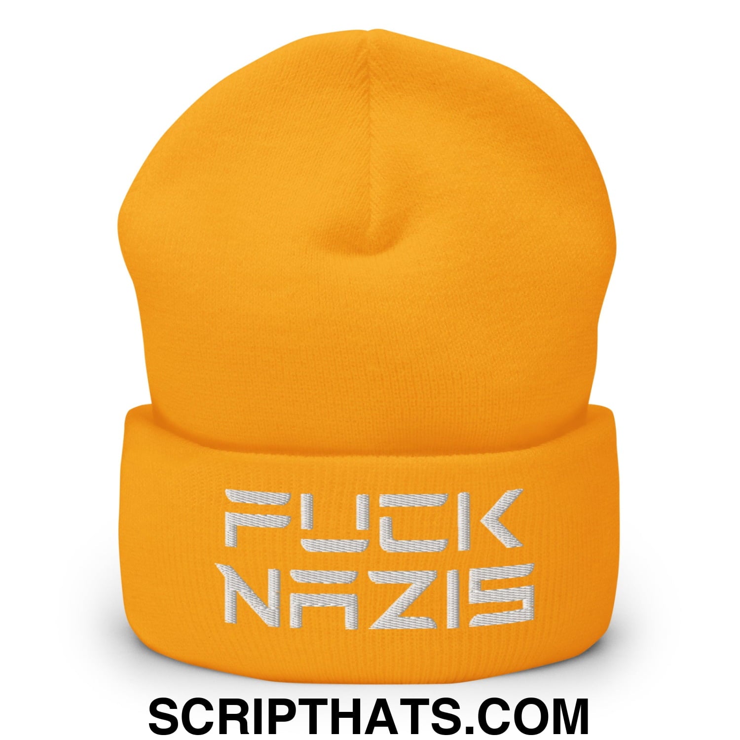 F*ck Nazis Elon Musk Embroidered Cuffed Knit Beanie Gold