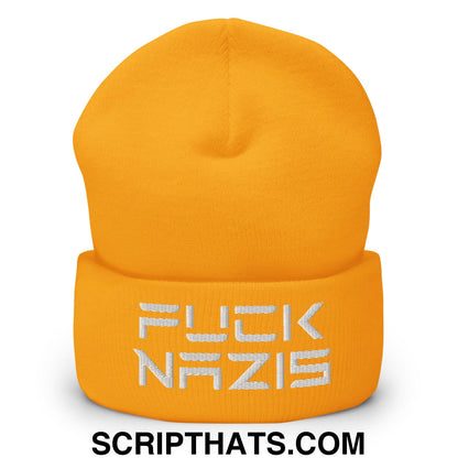 F*ck Nazis Elon Musk Embroidered Cuffed Knit Beanie Gold