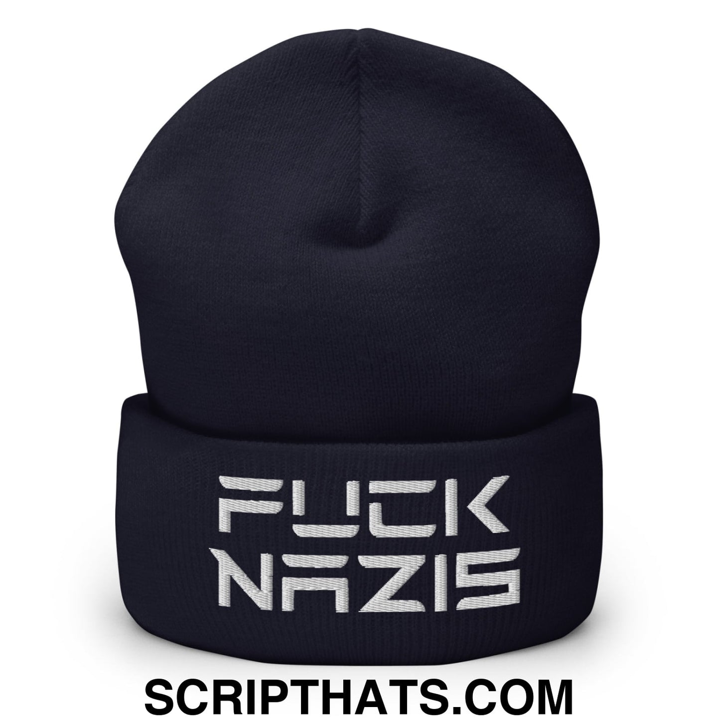 F*ck Nazis Elon Musk Embroidered Cuffed Knit Beanie Navy