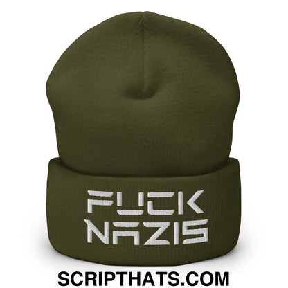 F*ck Nazis Elon Musk Embroidered Cuffed Knit Beanie Olive