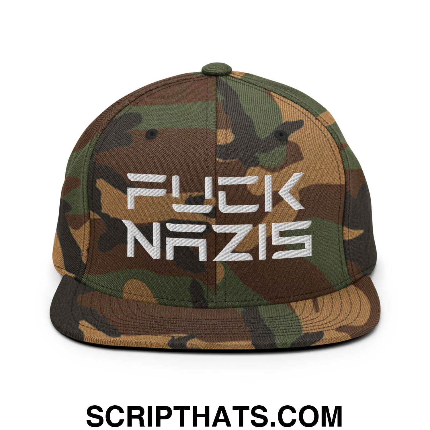 F*ck Nazis Elon Musk Embroidered Flat Brim Bill Snapback Hat Green Camo