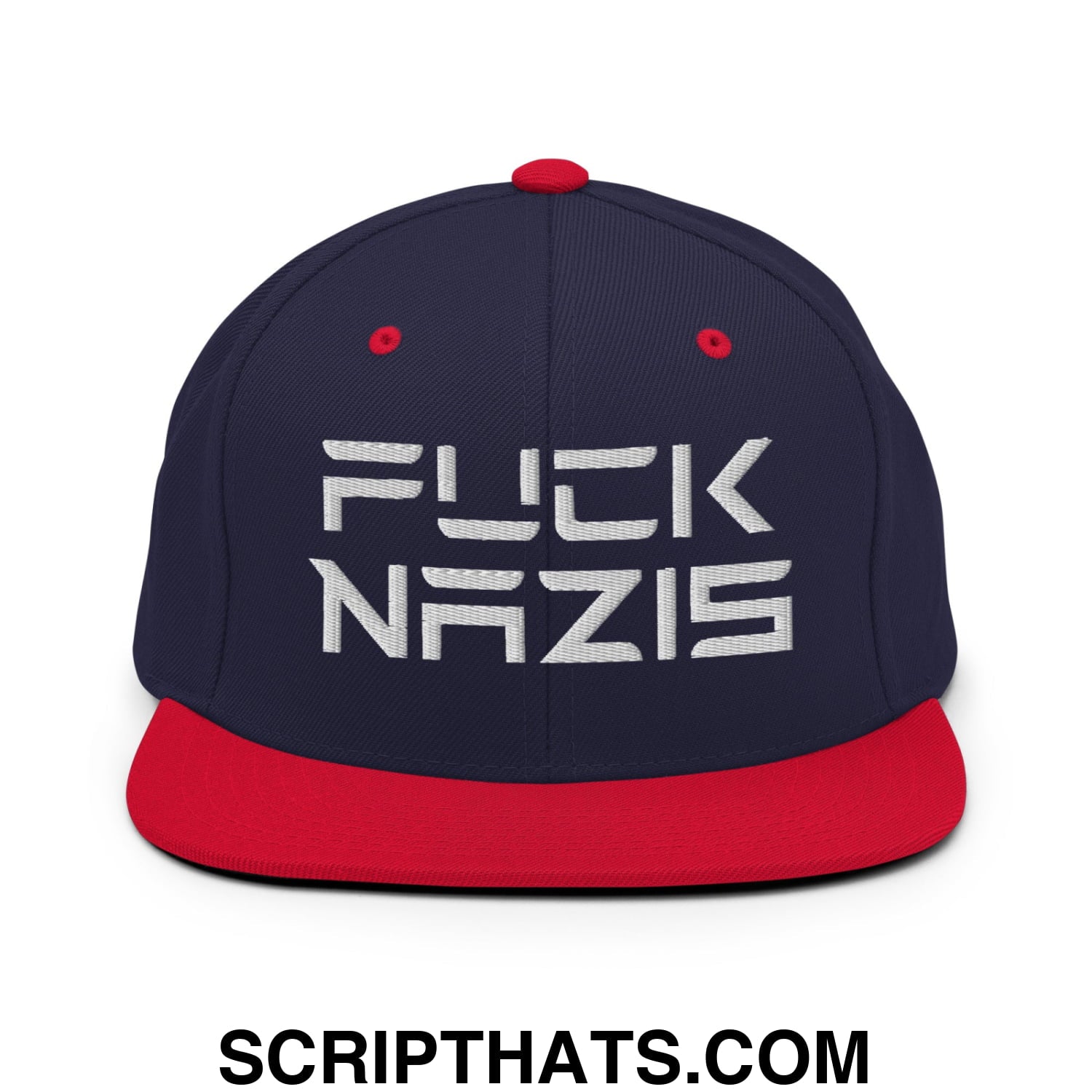 F*ck Nazis Elon Musk Embroidered Flat Brim Bill Snapback Hat Navy Red
