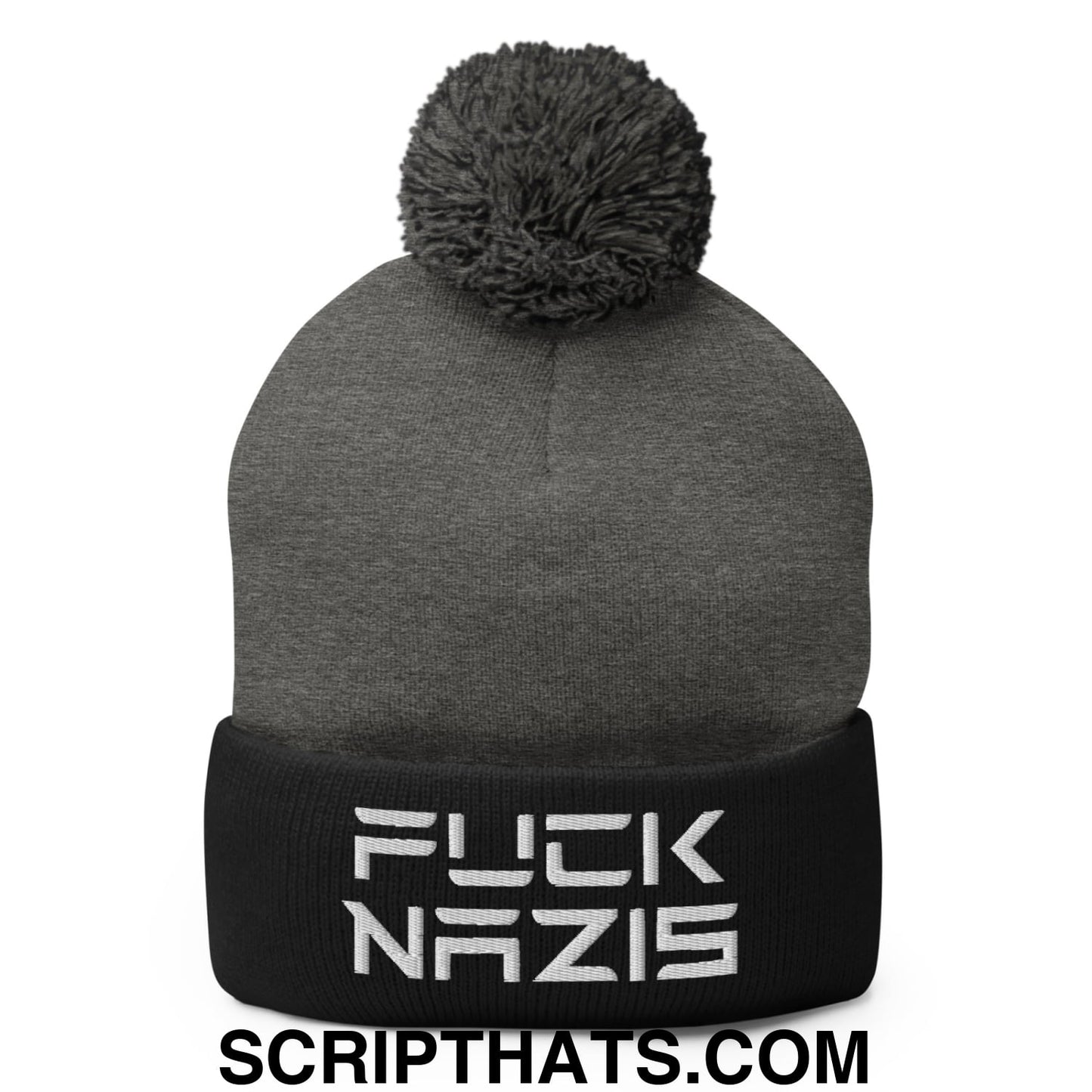 F*ck Nazis Elon Musk Embroidered Pom Pom Knit Beanie Dark Heather Grey Black