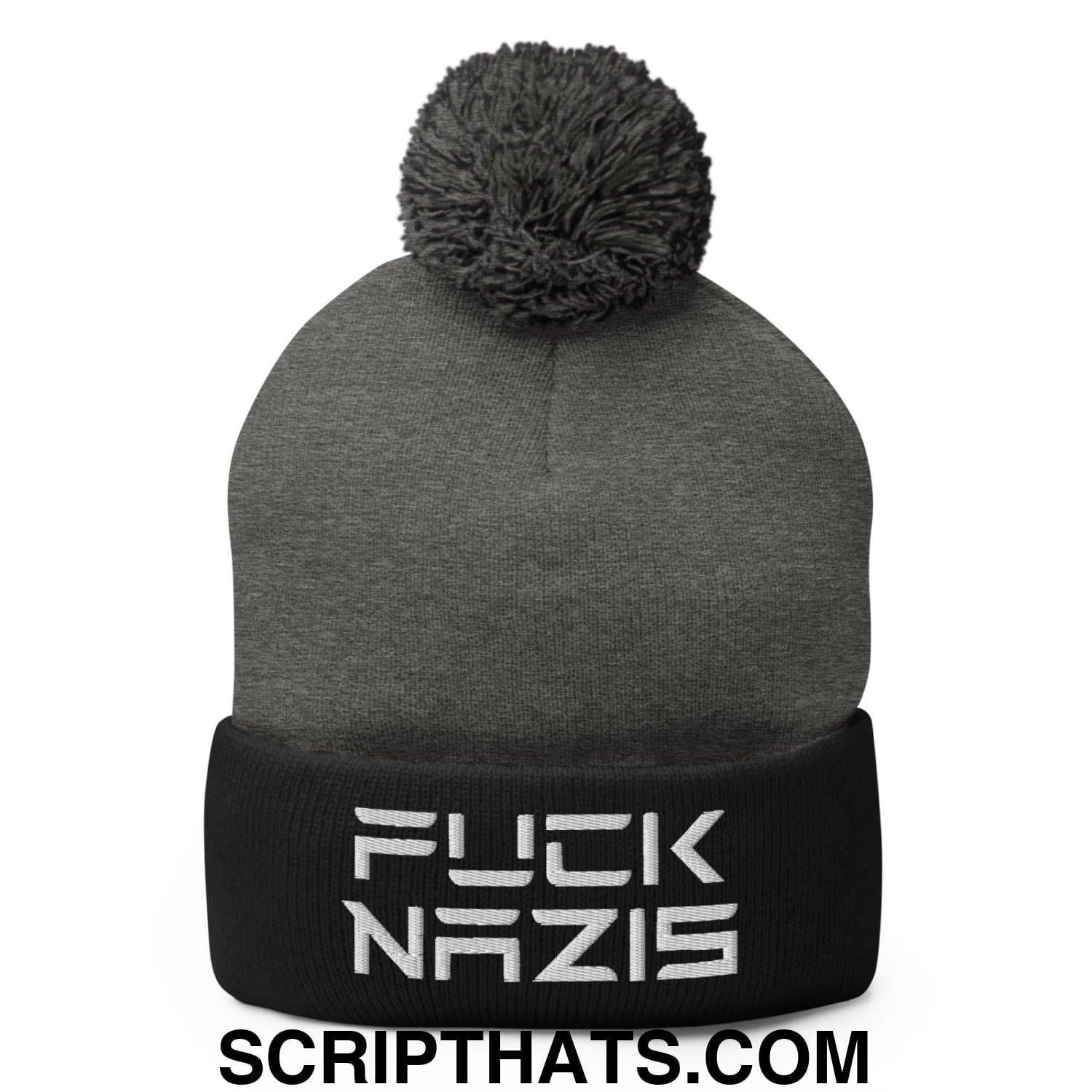 F*ck Nazis Elon Musk Embroidered Pom Pom Knit Beanie Dark Heather Grey Black