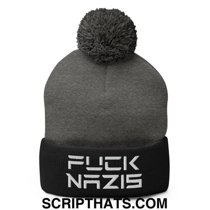 F*ck Nazis Elon Musk Embroidered Pom Pom Knit Beanie Dark Heather Grey Black