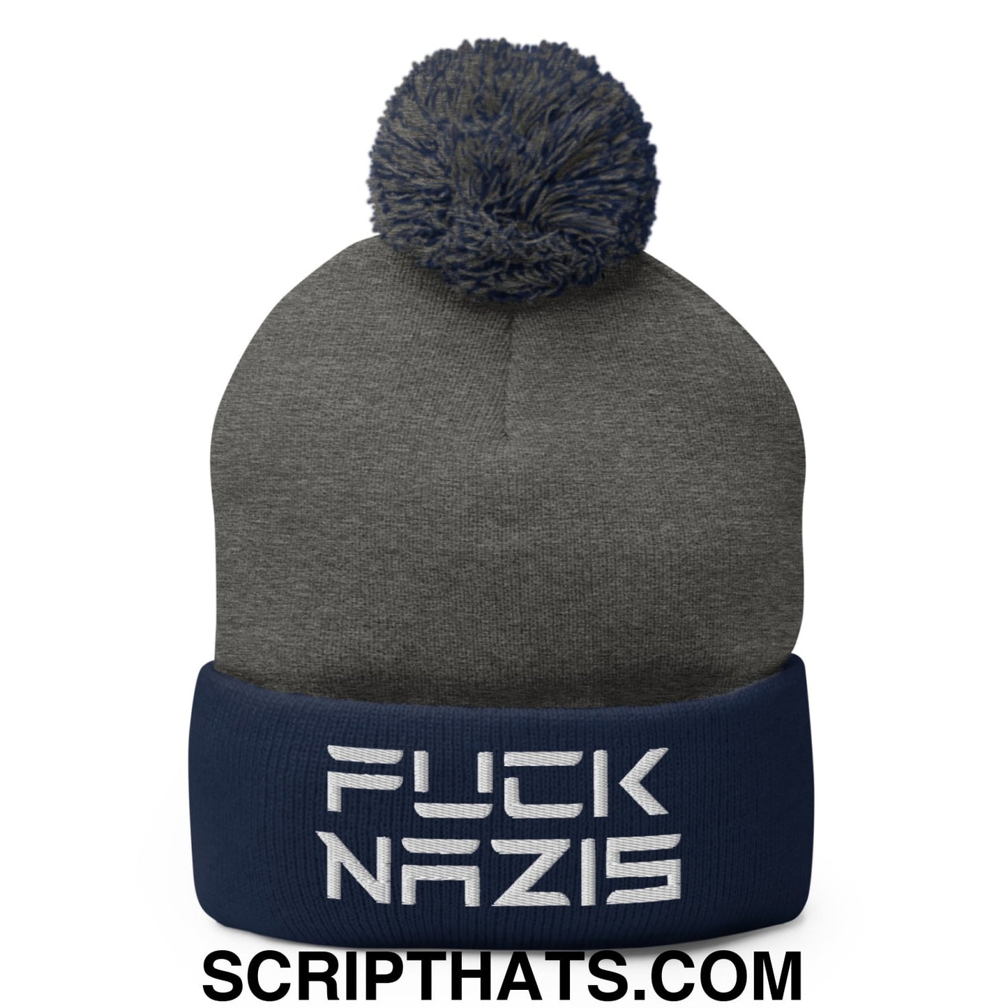 F*ck Nazis Elon Musk Embroidered Pom Pom Knit Beanie Dark Heather Grey Navy