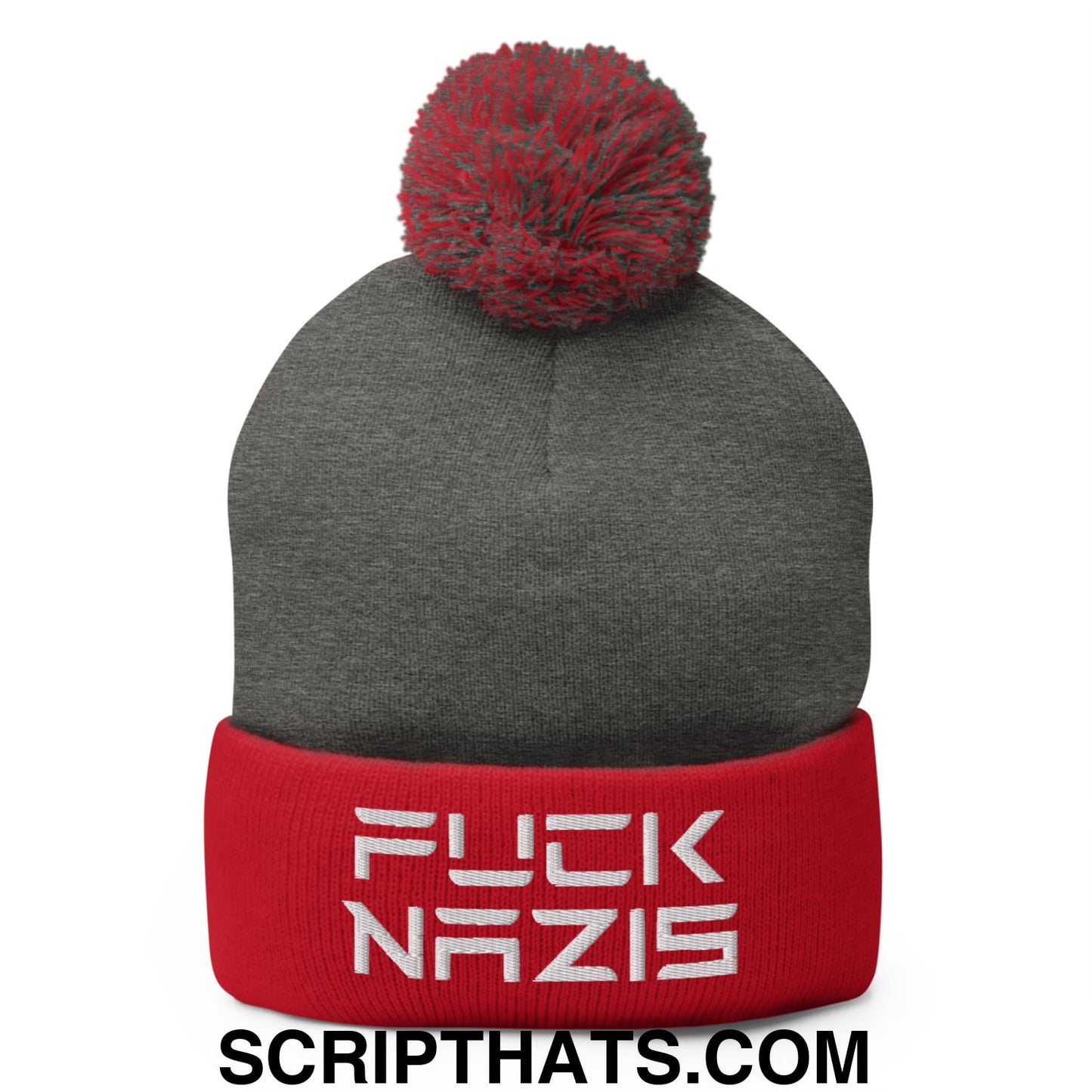 F*ck Nazis Elon Musk Embroidered Pom Pom Knit Beanie Dark Heather Grey Red