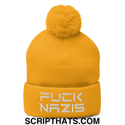 F*ck Nazis Elon Musk Embroidered Pom Pom Knit Beanie Gold