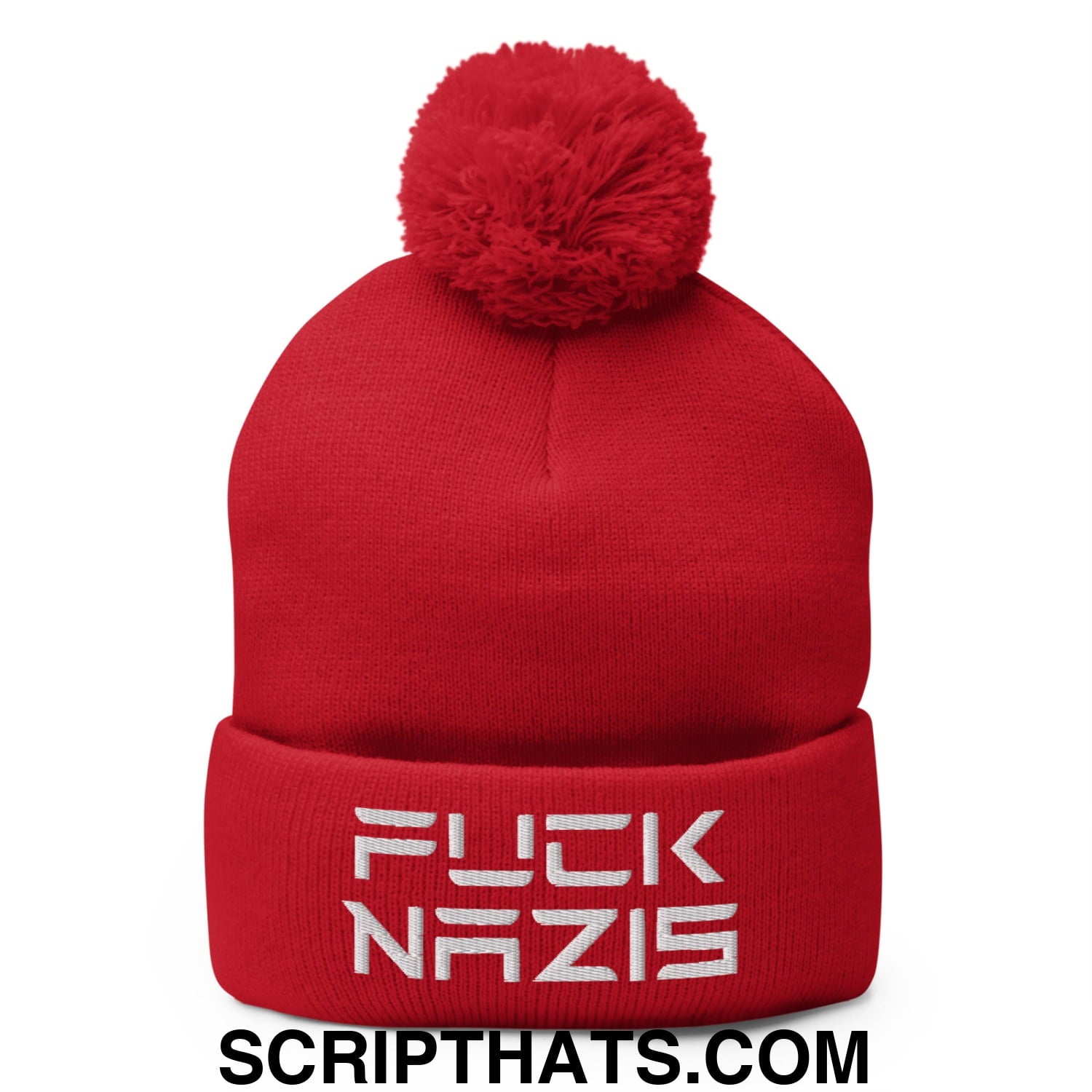 F*ck Nazis Elon Musk Embroidered Pom Pom Knit Beanie Red