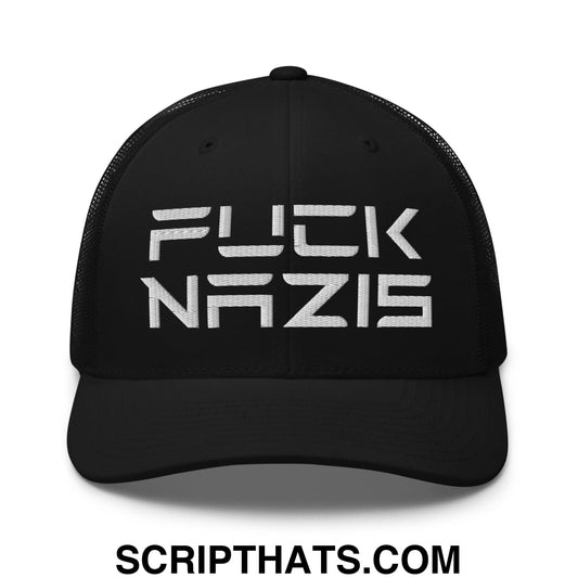 F*ck Nazis Elon Musk Embroidered Retro Mesh Trucker Hat Black