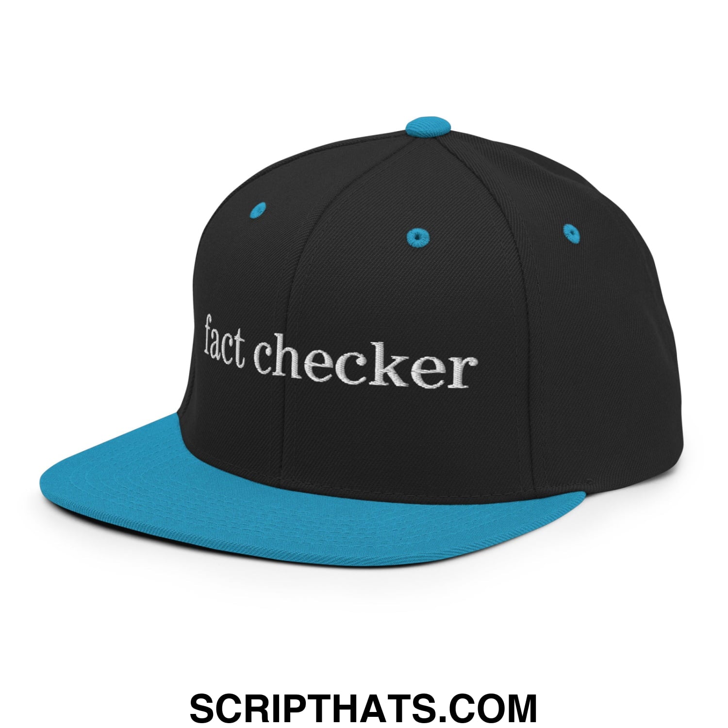 Fact Checker Embroidered Flat Bill Brim Snapback Hat Black Teal