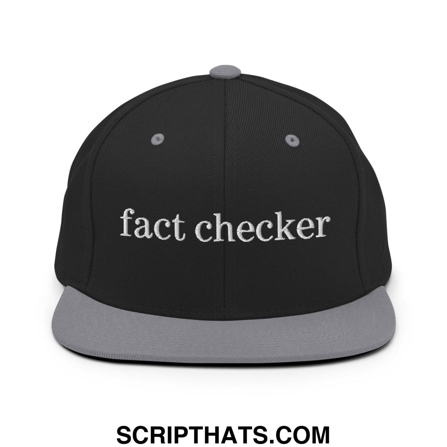 Fact Checker Embroidered Flat Bill Brim Snapback Hat Black Silver