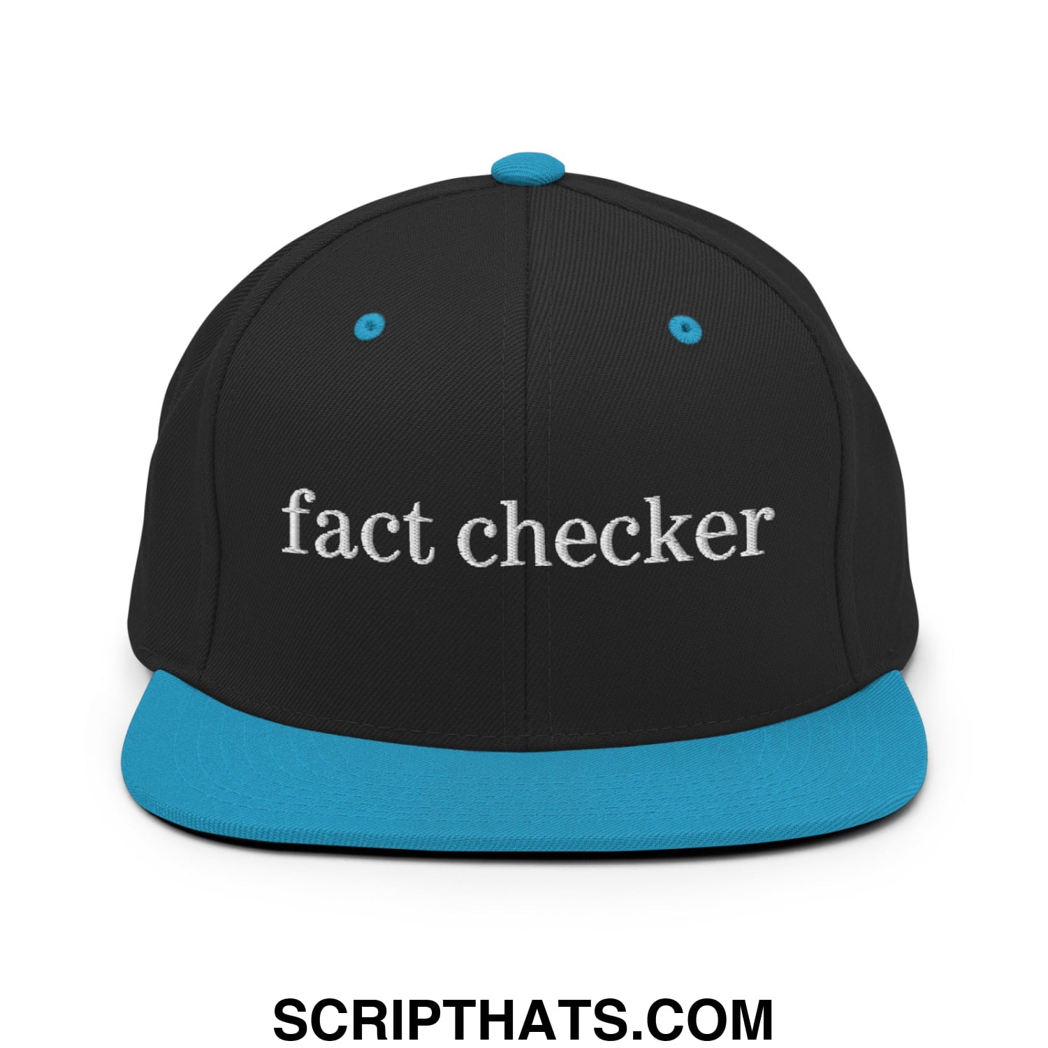 Fact Checker Embroidered Flat Bill Brim Snapback Hat Black Teal