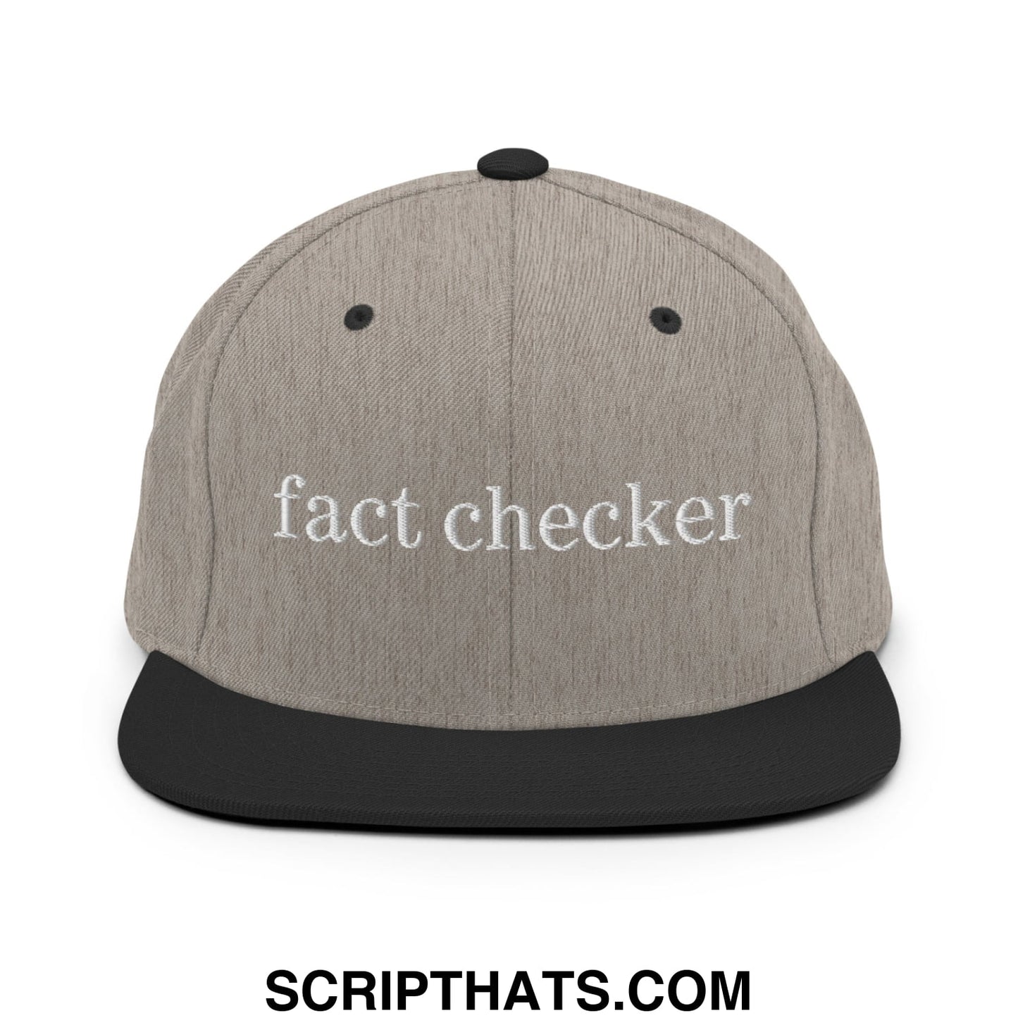 Fact Checker Embroidered Flat Bill Brim Snapback Hat Heather Black