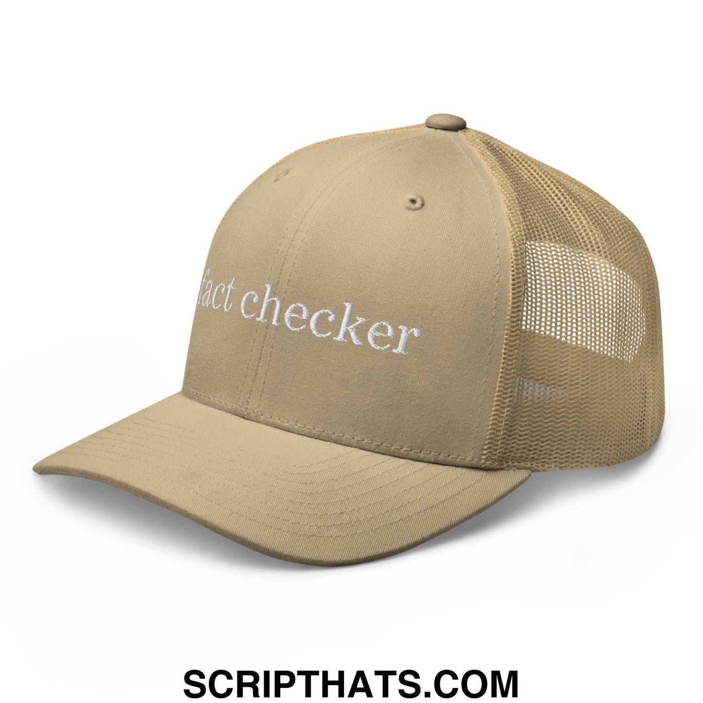 Fact Checker Embroidered Mesh Trucker Hat Khaki