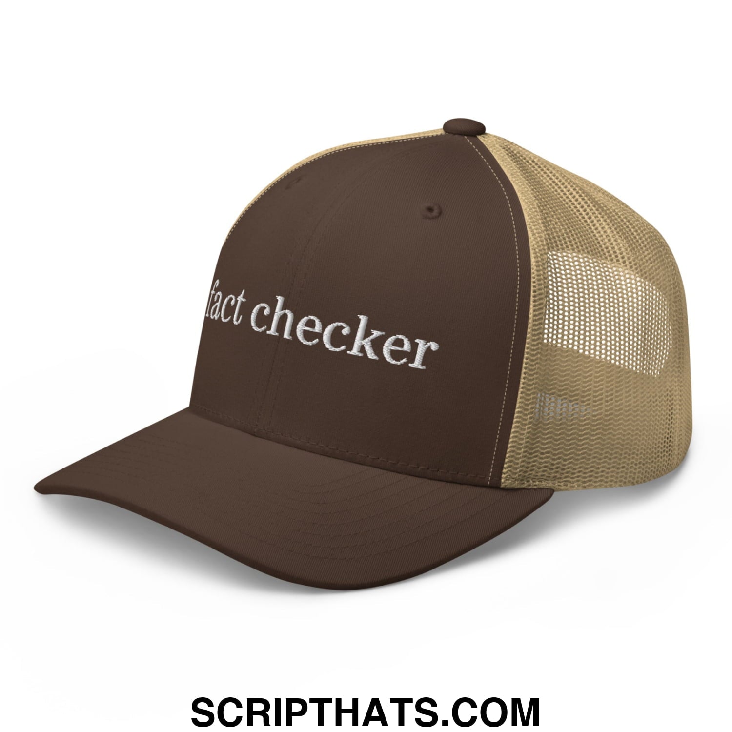 Fact Checker Embroidered Mesh Trucker Hat Brown Khaki