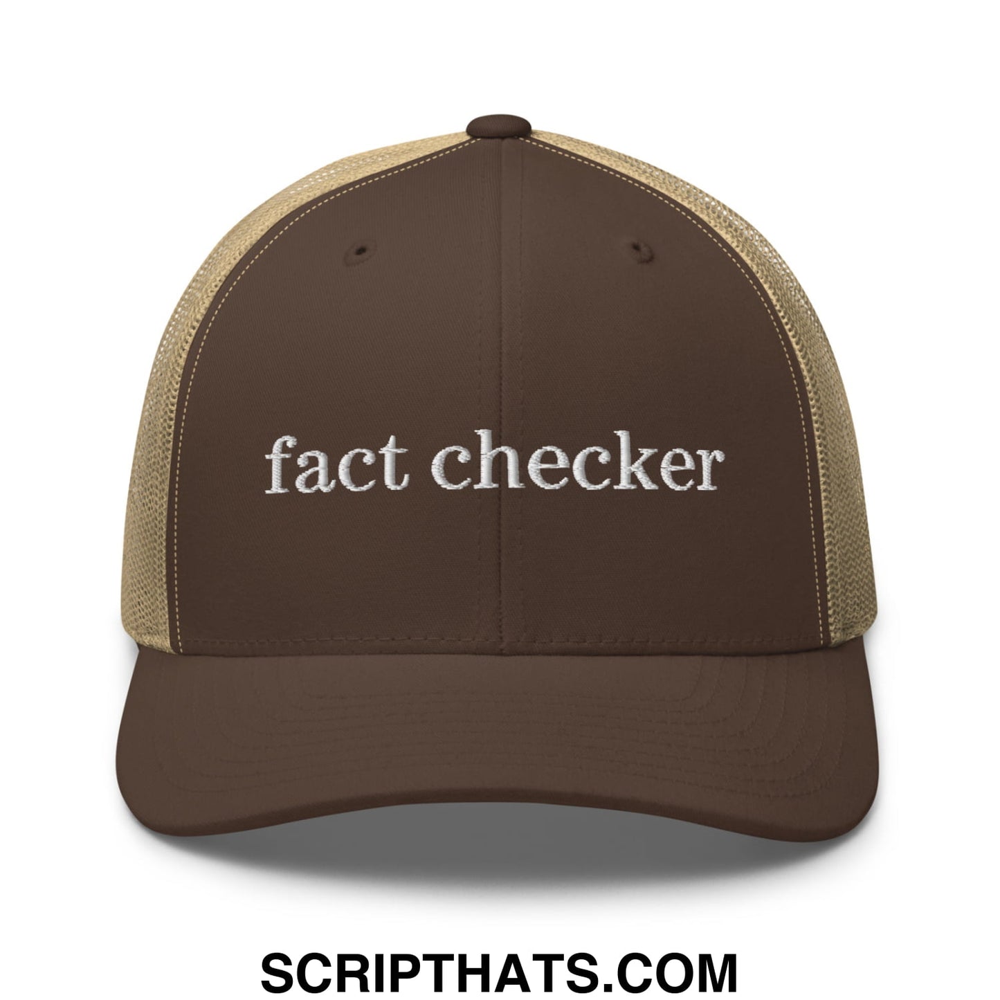 Fact Checker Embroidered Mesh Trucker Hat Brown Khaki
